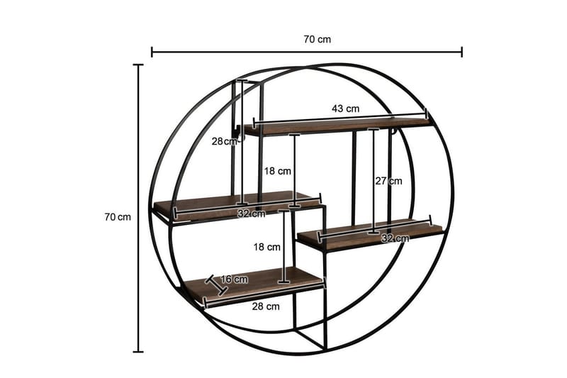 Vægreol Wohnling Rund Massivt Træ Metal Stel Væghængt Industriel - Opbevaring - Hylder & Reoler - Væghylde & vægreol