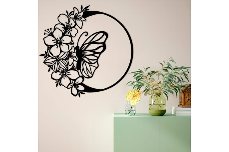 Butterfly And Flower Vægdekor - Sort - Boligtilbehør - Vægdekoration - Skilt - Emaljeskilte