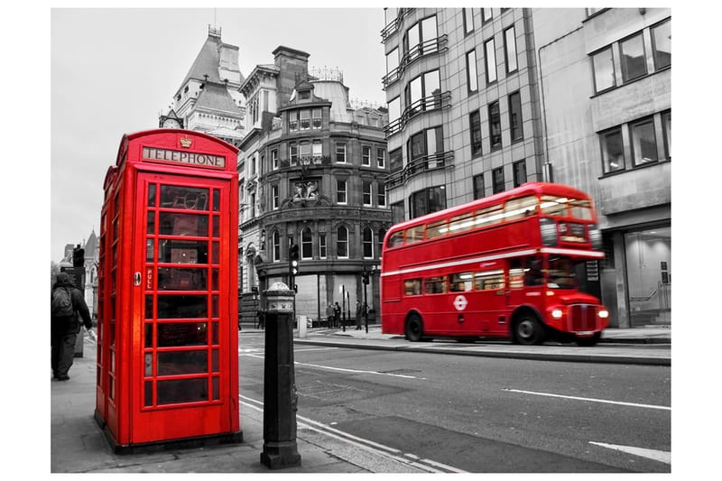 Canvastavle Rød Bus And Telefon Kiosk London 200x154 - Artgeist sp. z o. o. - Boligtilbehør - Vægdekoration - Tapeter - Fototapeter
