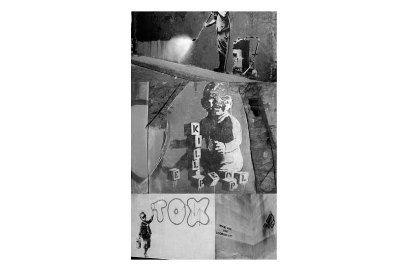Fototapet Banksy Grey Collage 50x1000 - Artgeist sp. z o. o. - Boligtilbehør - Vægdekoration - Tapeter - Fototapeter