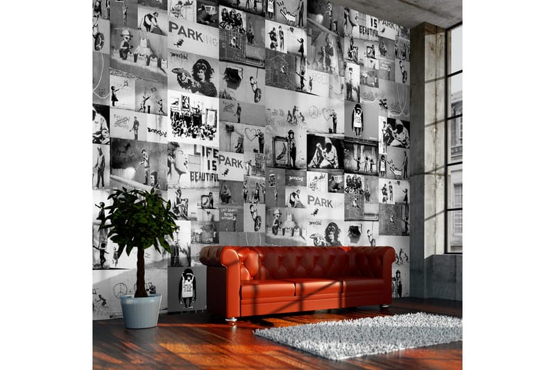 Fototapet Banksy Grey Collage 50x1000 - Artgeist sp. z o. o. - Boligtilbehør - Vægdekoration - Tapeter - Fototapeter