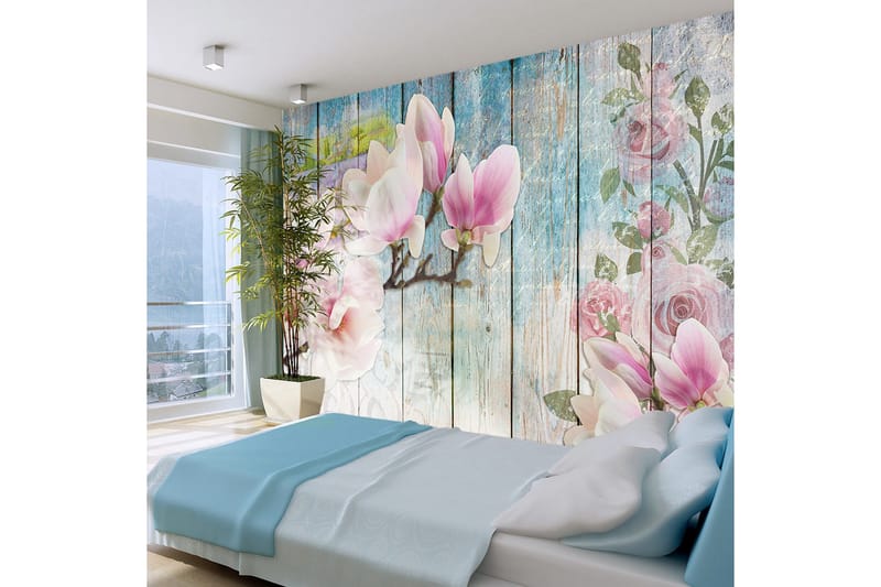 Fototapet Pink Flowers On Wood 200x140, Artgeist sp. z o. o.