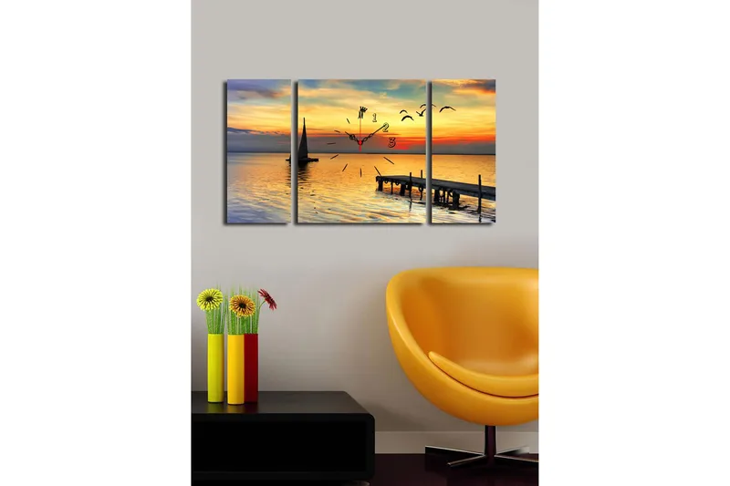 Dekorativt Canvas Maleri med Ur 3 Dele - Flerfarvet - Boligtilbehør - Vægdekoration - Vægure & Ure