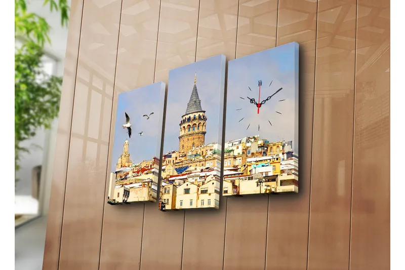 Dekorativt Canvas Maleri med Ur 3 Dele, Flerfarvet