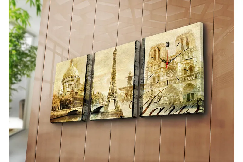 Dekorativt Canvas Maleri med Ur 3 Dele, Flerfarvet