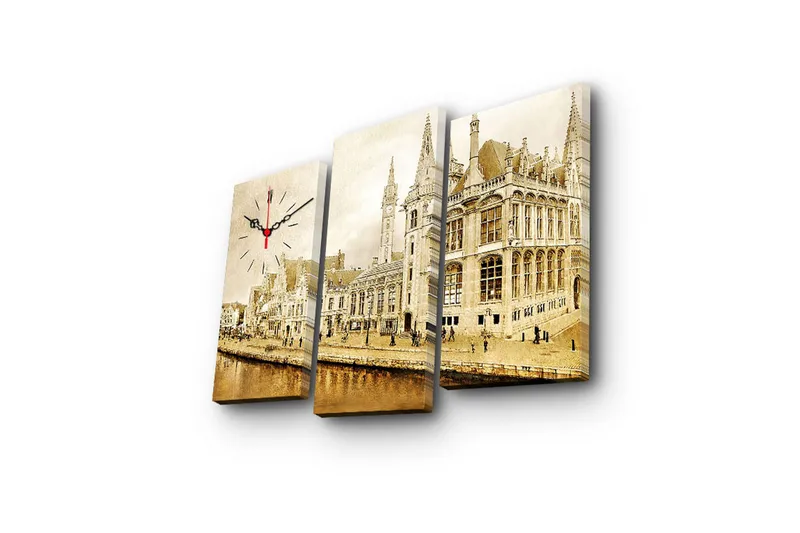 Dekorativt Canvas Maleri med Ur 3 Dele - Flerfarvet - Boligtilbehør - Vægdekoration - Vægure & Ure