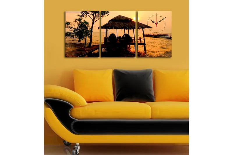 Dekorativt Canvas Maleri med Ur 3 Dele - Flerfarvet - Boligtilbehør - Vægdekoration - Vægure & Ure