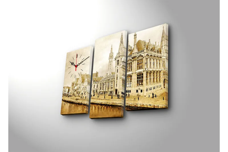 Dekorativt Canvas Maleri med Ur 3 Dele - Flerfarvet - Boligtilbehør - Vægdekoration - Vægure & Ure