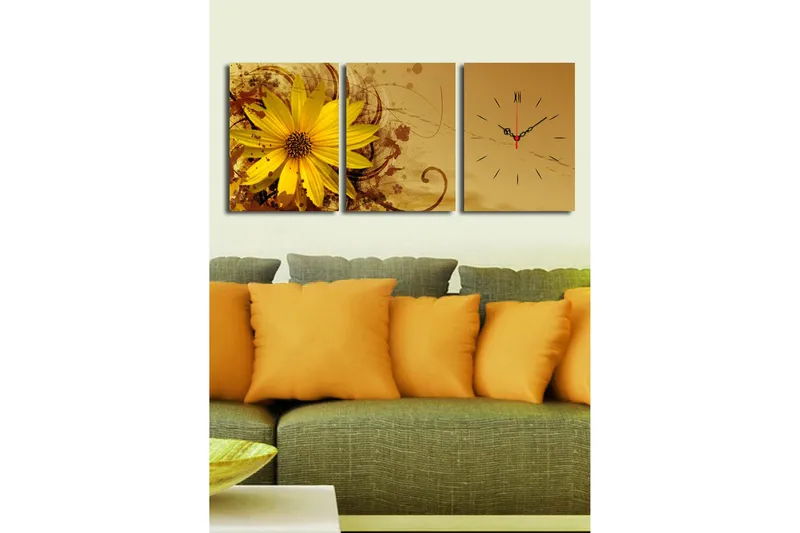 Dekorativt Canvas Maleri med Ur 3 Dele - Flerfarvet - Boligtilbehør - Vægdekoration - Vægure & Ure