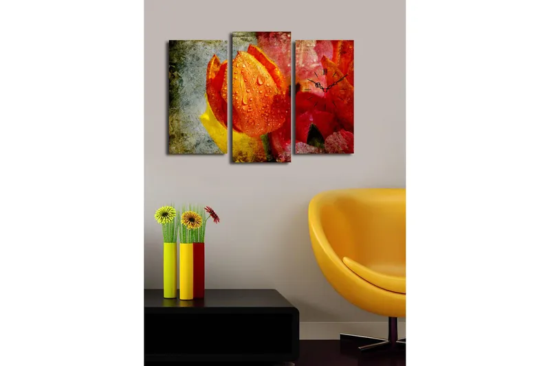 Dekorativt Canvas Maleri med Ur 3 Dele - Flerfarvet - Boligtilbehør - Vægdekoration - Vægure & Ure