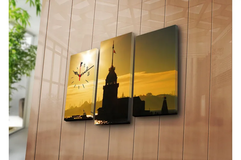 Dekorativt Canvas Maleri med Ur 3 Dele, Flerfarvet