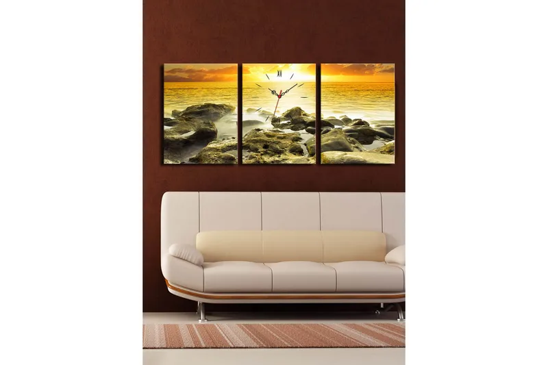 Dekorativt Canvas Maleri med Ur 3 Dele - Flerfarvet - Boligtilbehør - Vægdekoration - Vægure & Ure