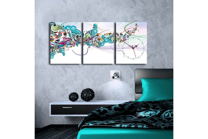 Dekorativt Canvas Maleri med Ur 3 Dele - Flerfarvet - Boligtilbehør - Vægdekoration - Vægure & Ure