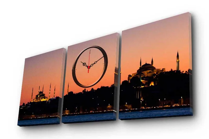 Dekorativt Canvas Maleri med Ur 3 Dele, Flerfarvet