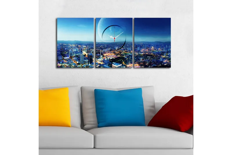 Dekorativt Canvas Maleri med Ur 3 Dele - Flerfarvet - Boligtilbehør - Vægdekoration - Vægure & Ure