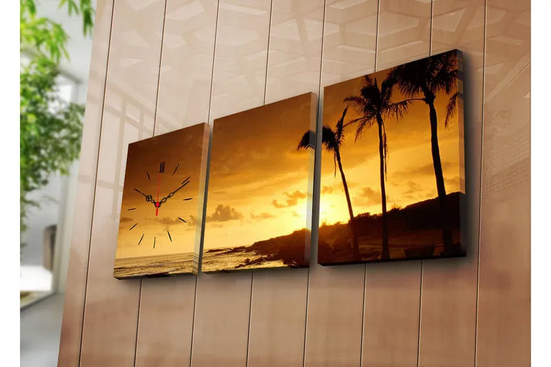Dekorativt Canvas Maleri med Ur 3 Dele, Flerfarvet