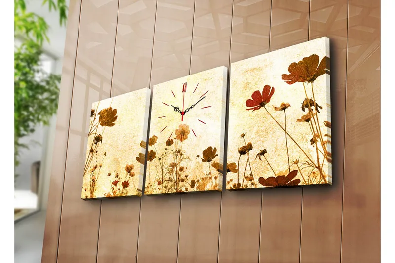 Dekorativt Canvas Maleri med Ur 3 Dele, Flerfarvet