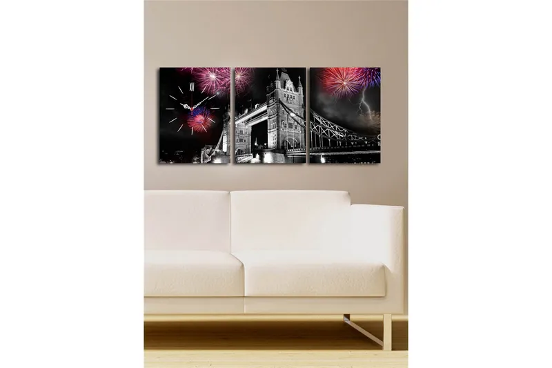 Dekorativt Canvas Maleri med Ur 3 Dele - Flerfarvet - Boligtilbehør - Vægdekoration - Vægure & Ure