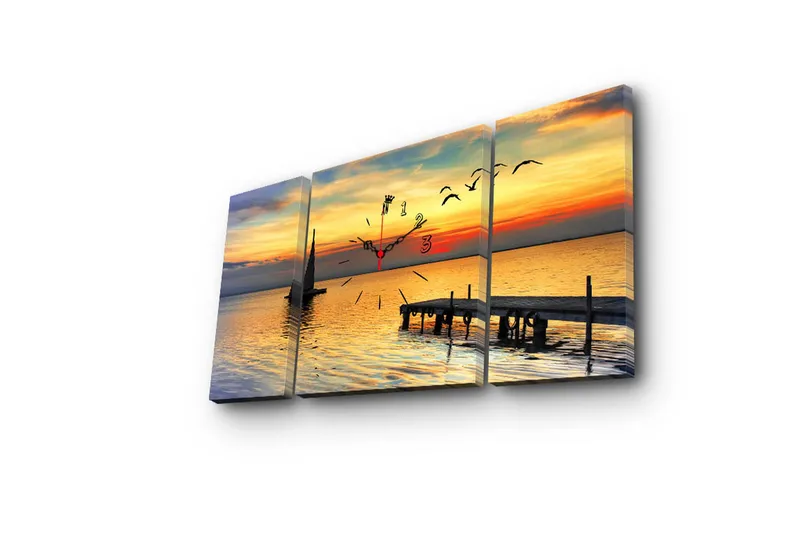 Dekorativt Canvas Maleri med Ur 3 Dele - Flerfarvet - Boligtilbehør - Vægdekoration - Vægure & Ure