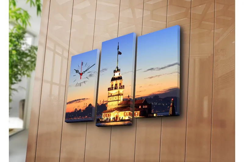 Dekorativt Canvas Maleri med Ur 3 Dele, Flerfarvet