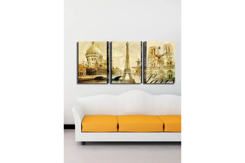 Dekorativt Canvas Maleri med Ur 3 Dele - Flerfarvet - Boligtilbehør - Vægdekoration - Vægure & Ure