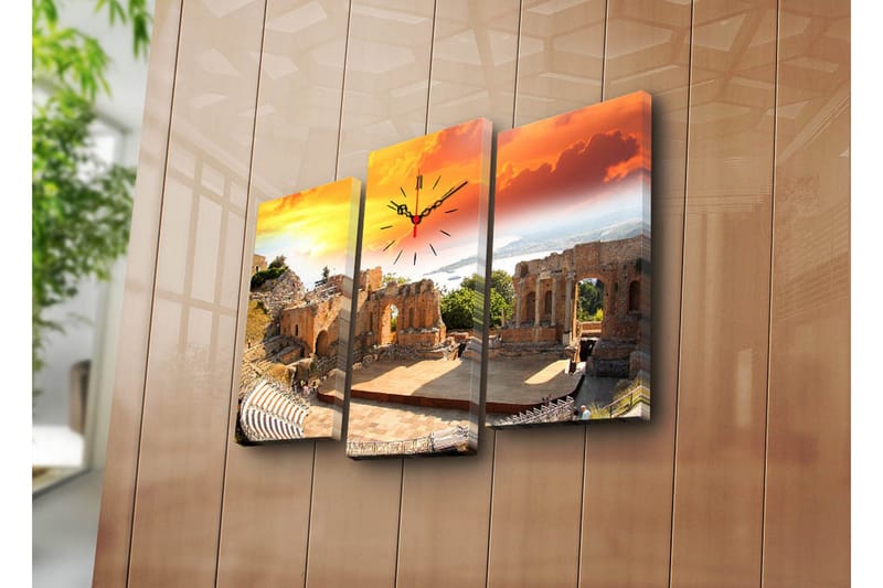 Dekorativt Canvas Maleri med Ur 3 Dele, Flerfarvet