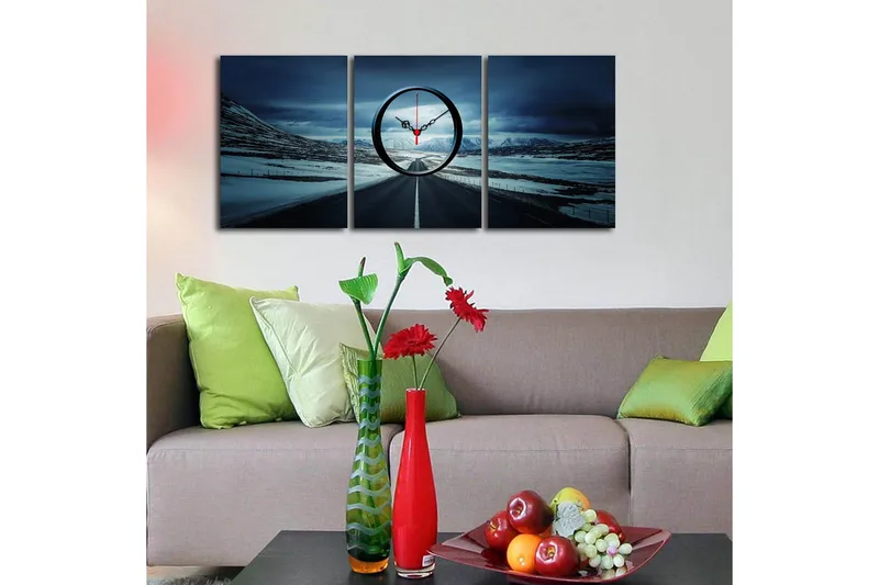 Dekorativt Canvas Maleri med Ur 3 Dele - Flerfarvet - Boligtilbehør - Vægdekoration - Vægure & Ure