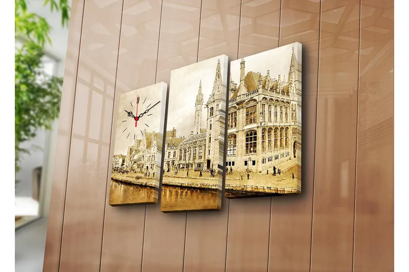 Dekorativt Canvas Maleri med Ur 3 Dele, Flerfarvet