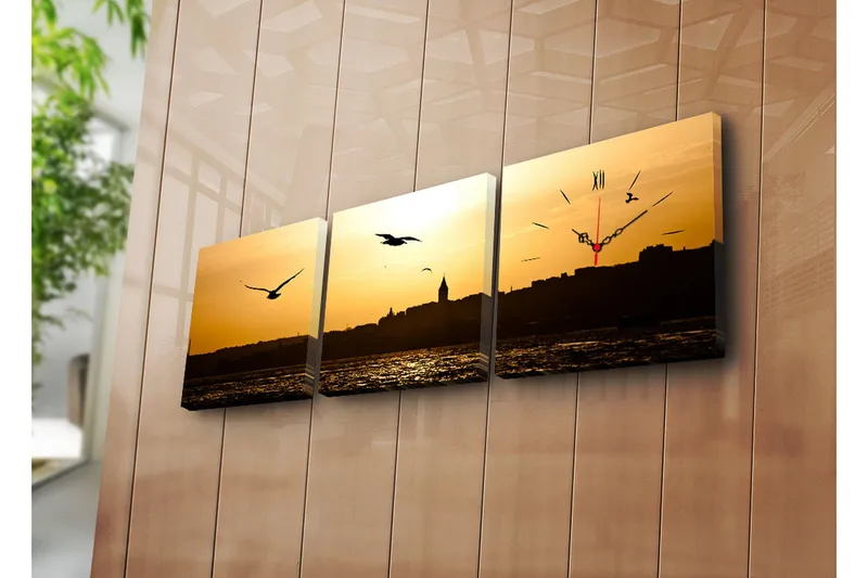Dekorativt Canvas Maleri med Ur 3 Dele, Flerfarvet