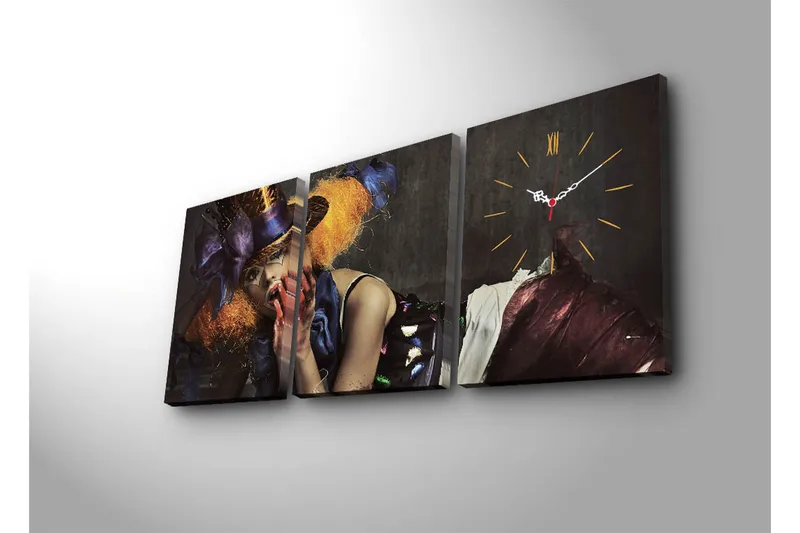 Dekorativt Canvas Maleri med Ur 3 Dele - Flerfarvet - Boligtilbehør - Vægdekoration - Vægure & Ure