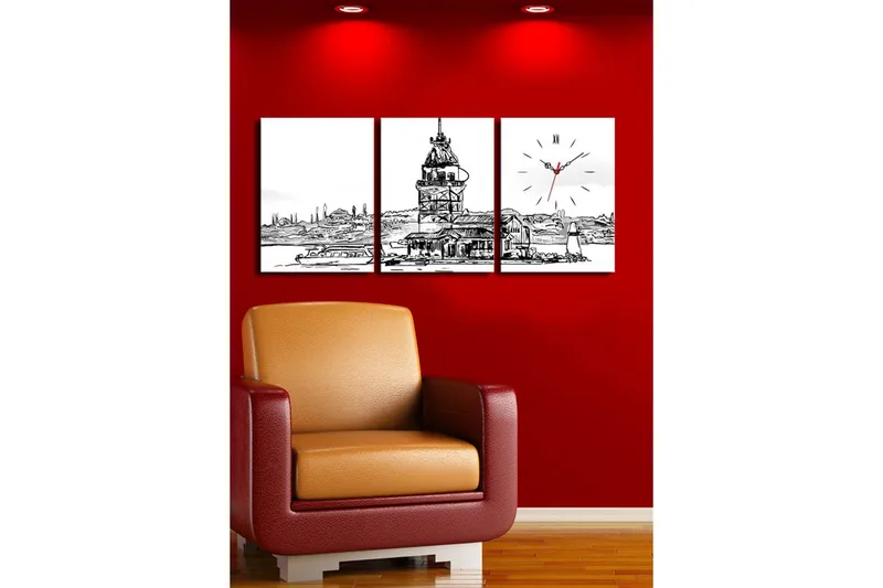 Dekorativt Canvas Maleri med Ur 3 Dele - Flerfarvet - Boligtilbehør - Vægdekoration - Vægure & Ure