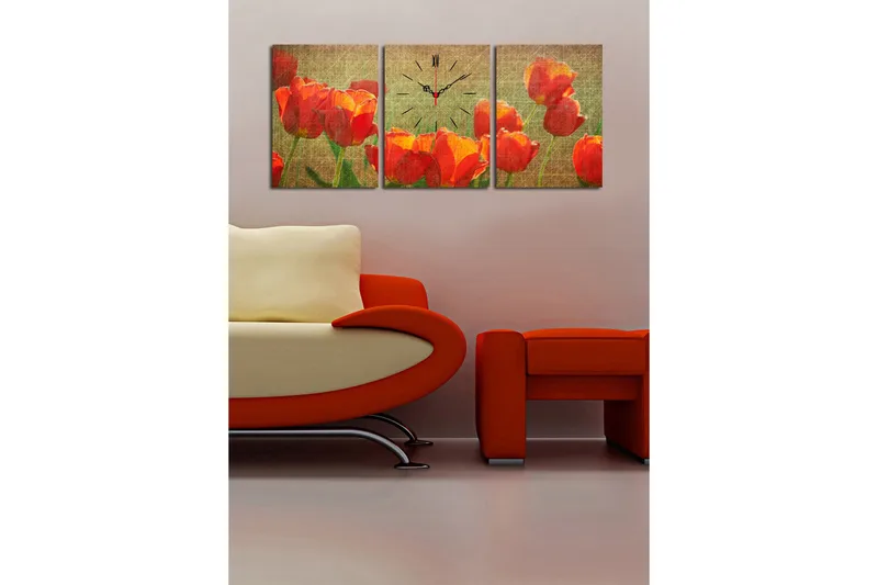 Dekorativt Canvas Maleri med Ur 3 Dele - Flerfarvet - Boligtilbehør - Vægdekoration - Vægure & Ure