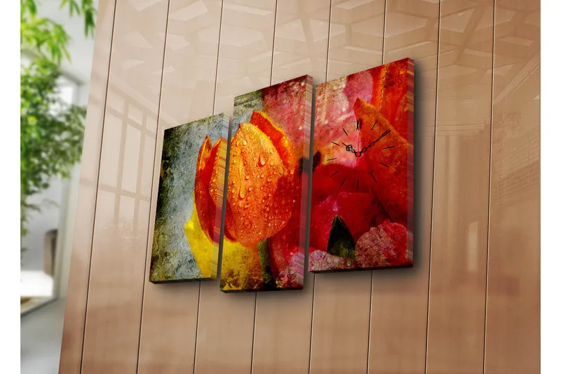 Dekorativt Canvas Maleri med Ur 3 Dele, Flerfarvet