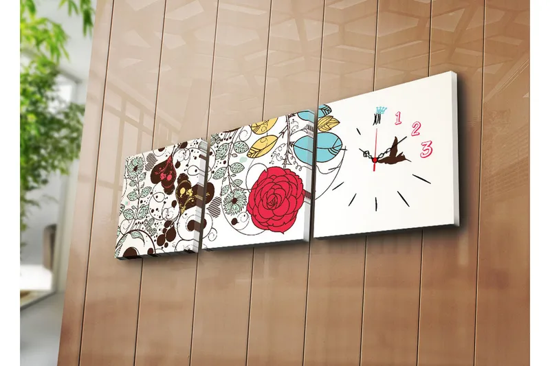 Dekorativt Canvas Maleri med Ur 3 Dele, Flerfarvet