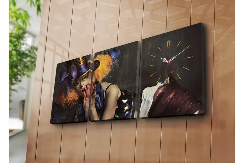 Dekorativt Canvas Maleri med Ur 3 Dele, Flerfarvet