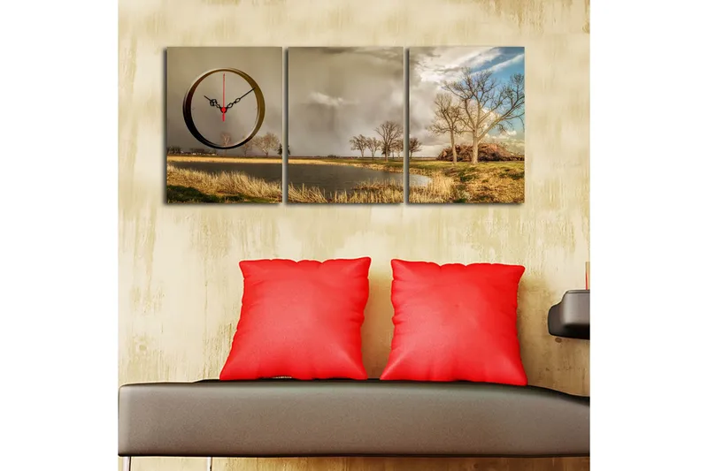 Dekorativt Canvas Maleri med Ur 3 Dele - Flerfarvet - Boligtilbehør - Vægdekoration - Vægure & Ure