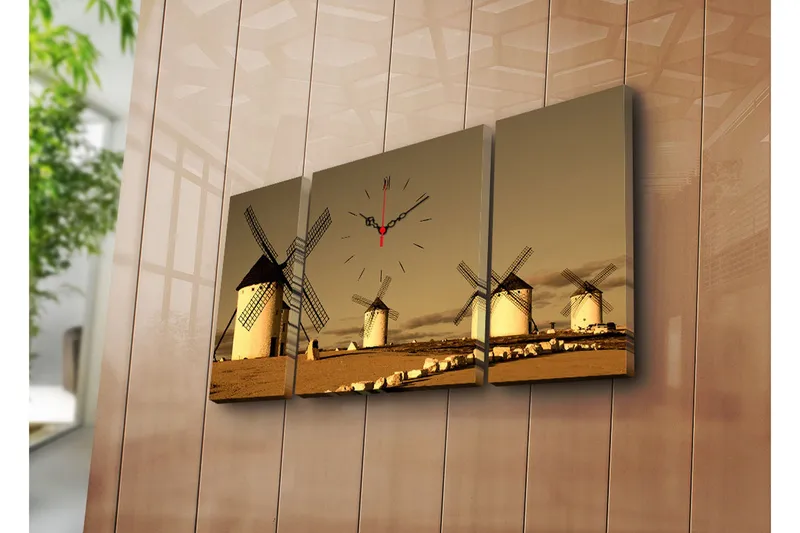 Dekorativt Canvas Maleri med Ur 3 Dele, Flerfarvet