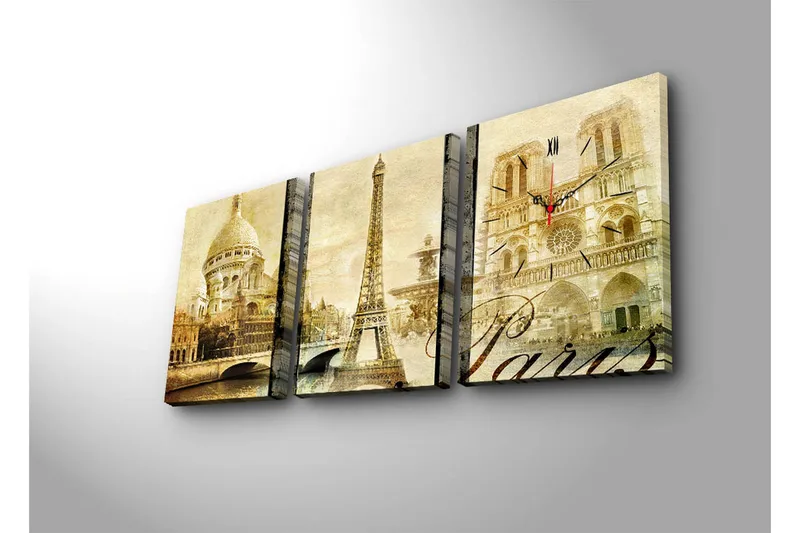 Dekorativt Canvas Maleri med Ur 3 Dele - Flerfarvet - Boligtilbehør - Vægdekoration - Vægure & Ure