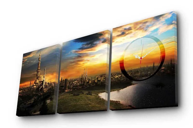 Dekorativt Canvas Maleri med Ur 3 Dele, Flerfarvet