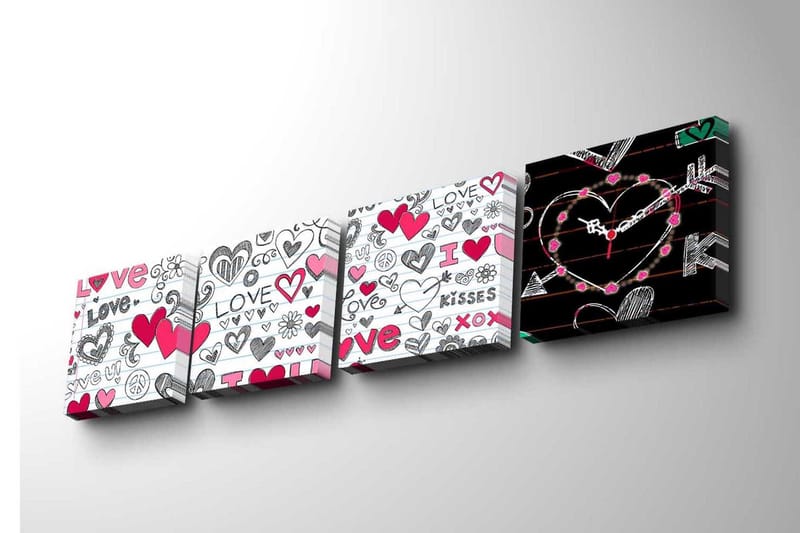 Dekorativt Canvas Maleri med Ur 4 Dele - Flerfarvet - Boligtilbehør - Vægdekoration - Vægure & Ure