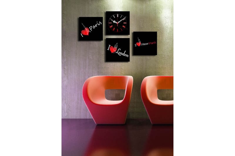 Dekorativt Canvas Maleri med Ur 4 Dele - Flerfarvet - Boligtilbehør - Vægdekoration - Vægure & Ure