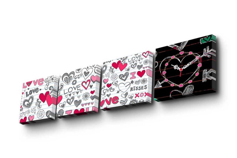 Dekorativt Canvas Maleri med Ur 4 Dele - Flerfarvet - Boligtilbehør - Vægdekoration - Vægure & Ure