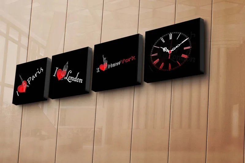 Dekorativt Canvas Maleri med Ur 4 Dele, Flerfarvet