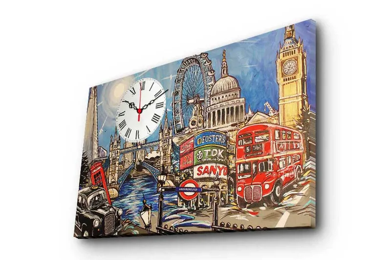 Dekorativt Canvas Maleri med Ur, Flerfarvet