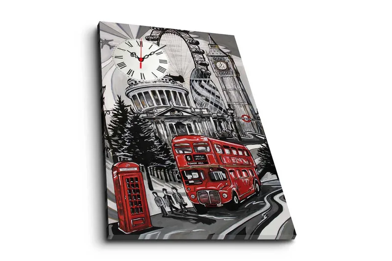 Dekorativt Canvas Maleri med Ur, Flerfarvet