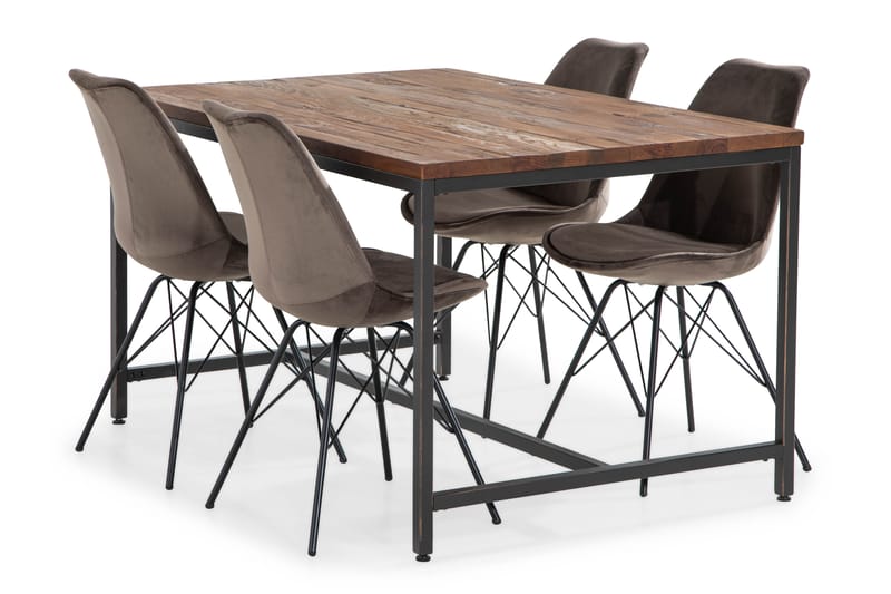 Wilmer Spisebordssæt 140 cm med 4 Shell Stol Velour - Brun/Grå - Spisebordssæt