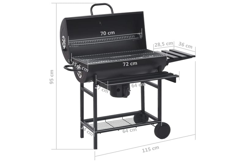 tøndegrill med hjul og hylder 115x85x95 cm stål sort - Sort - Have - Grill - Kulgrille