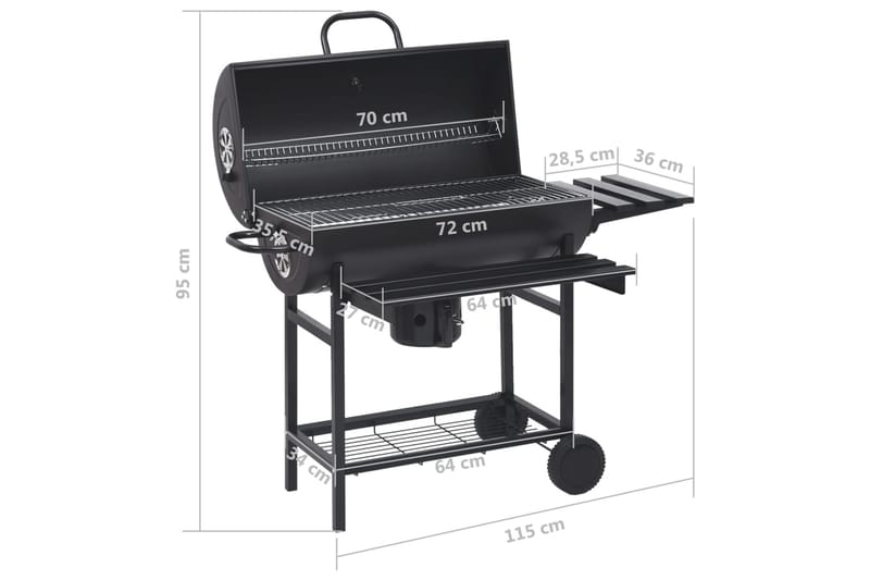 tøndegrill med hjul og hylder 115x85x95 cm stål sort - Sort - Kulgrille - Grilltønder