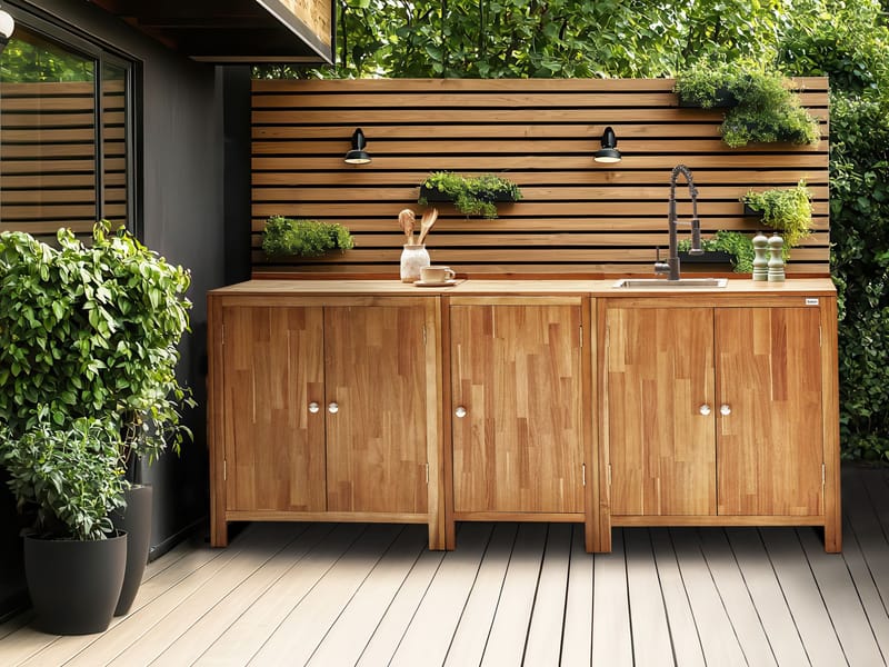 3-delt udekøkken med vask Venosa akacietræ - Brun/Sølv/Sort - Have - Grill - Udekøkken - Komplette udekøkkener