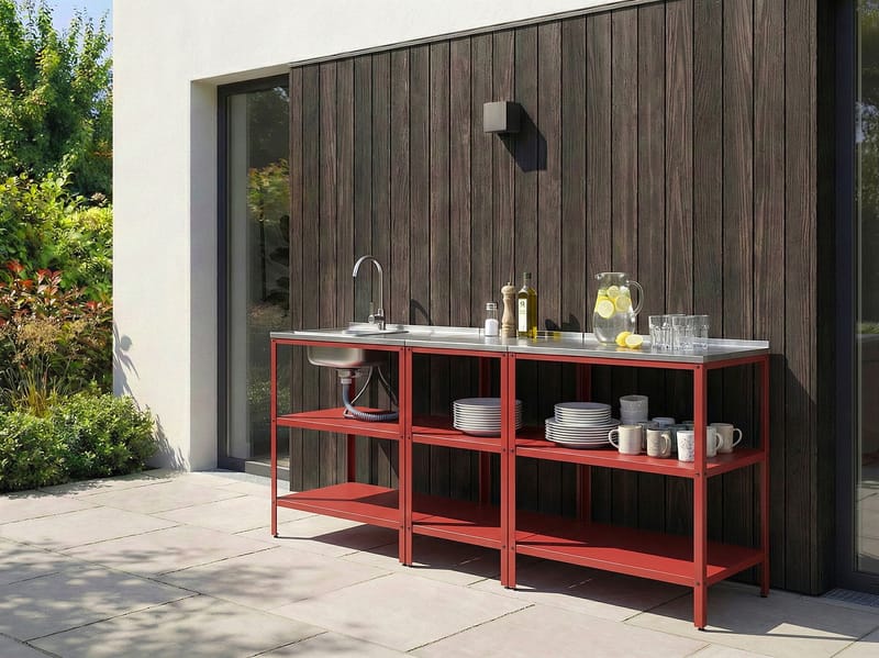 3-delt udekøkken med vask Vilama Stål - Rød/Sølv - Have - Grill - Udekøkken - Komplette udekøkkener